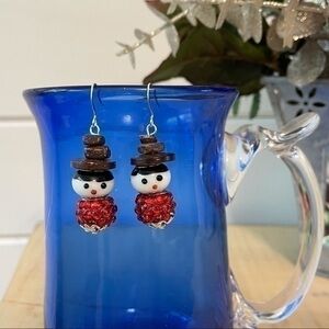 $15 SALE Bling Red Sweater Snowman Molded Glass Earrings Asymmetric